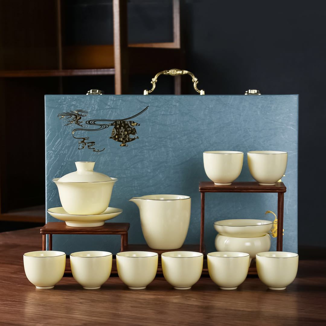 德化白瓷羊脂玉宝石黄整套功夫茶具套装盖碗企业礼品定制一件代发