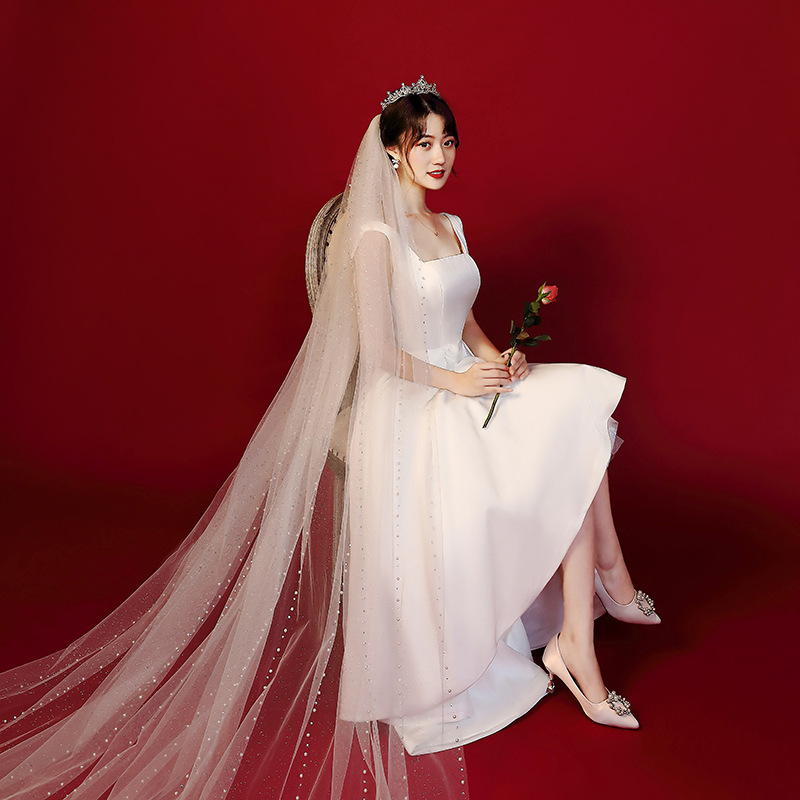 韩式超仙婚纱照头饰唯美钉珍珠旅拍摄影拍照造型长款拖尾头纱