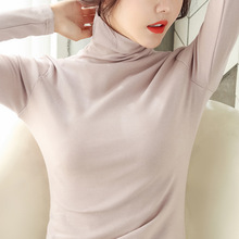 跨境薄款秋装高领打底衫长袖T恤女纯色韩版女装修身上衣一件代发