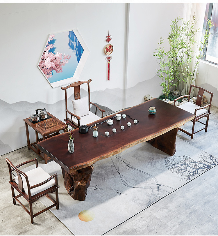 新中式实木茶桌 客厅带茶盘泡茶桌椅组合办公室接待功夫大板茶台