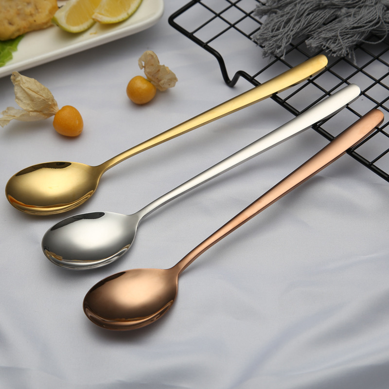 304不锈钢餐具韩式勺 镀钛金勺子 创意酒店扁汤勺 调羹长柄搅伴勺