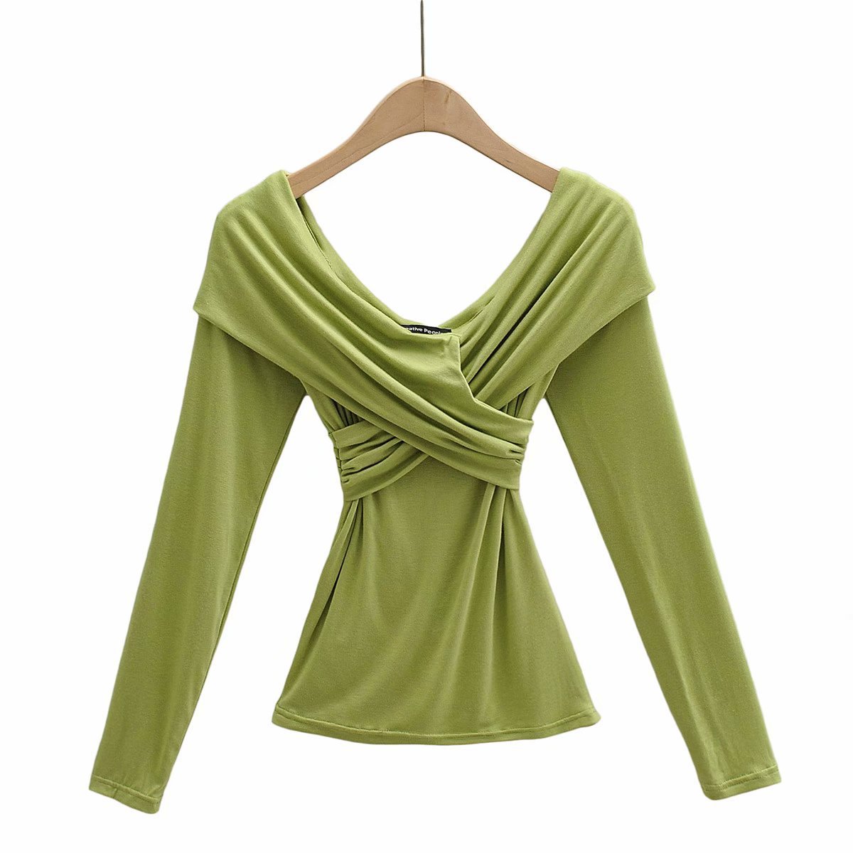 欧美风时尚女装纯色大领长袖修身褶皱t恤上衣