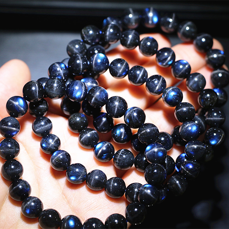 天然水晶宝石 拉长石手链 黑拉长石 闪电纹粒粒强蓝光 8a