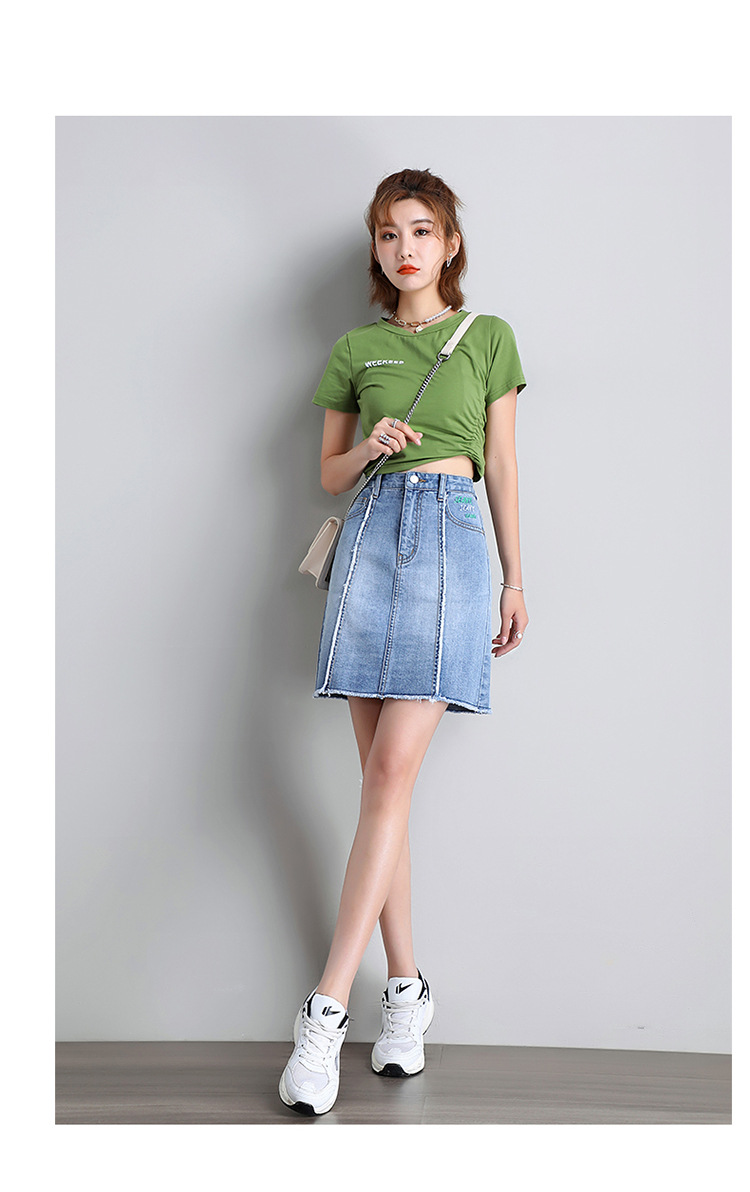 高腰a字短裙牛仔裙半身裙女短款2020夏新款毛边弹力刺绣网红百搭