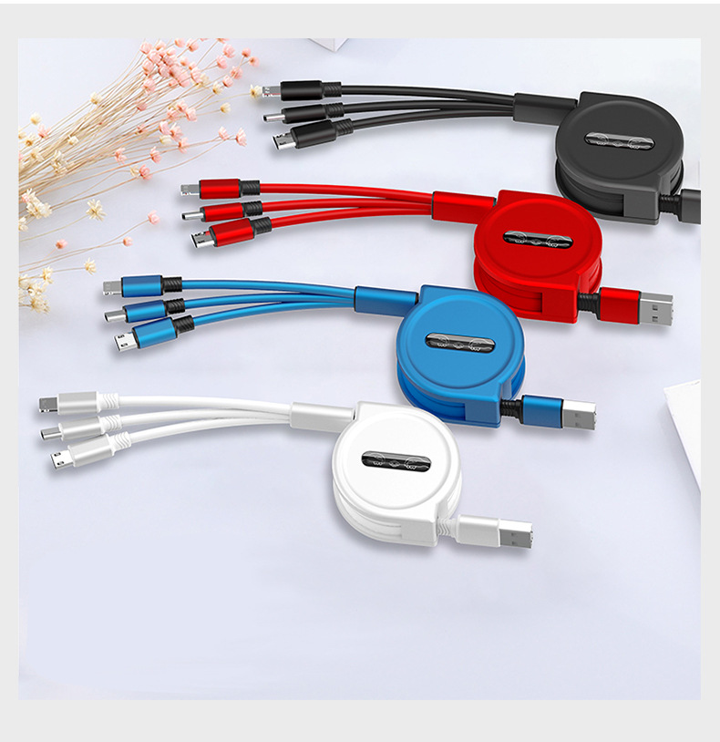 伸缩一拖三数据线珠光面可彩印logo定制数据线3a快充usb一拖三快