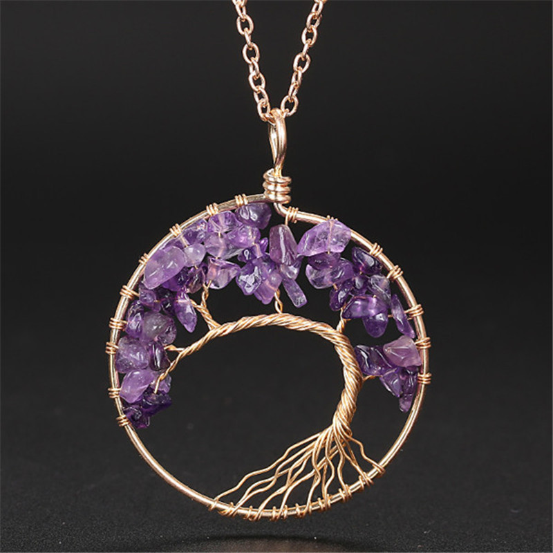 亚马逊欧美饰品爆款天然石水晶纯手工古红铜生命树项链可私人订制