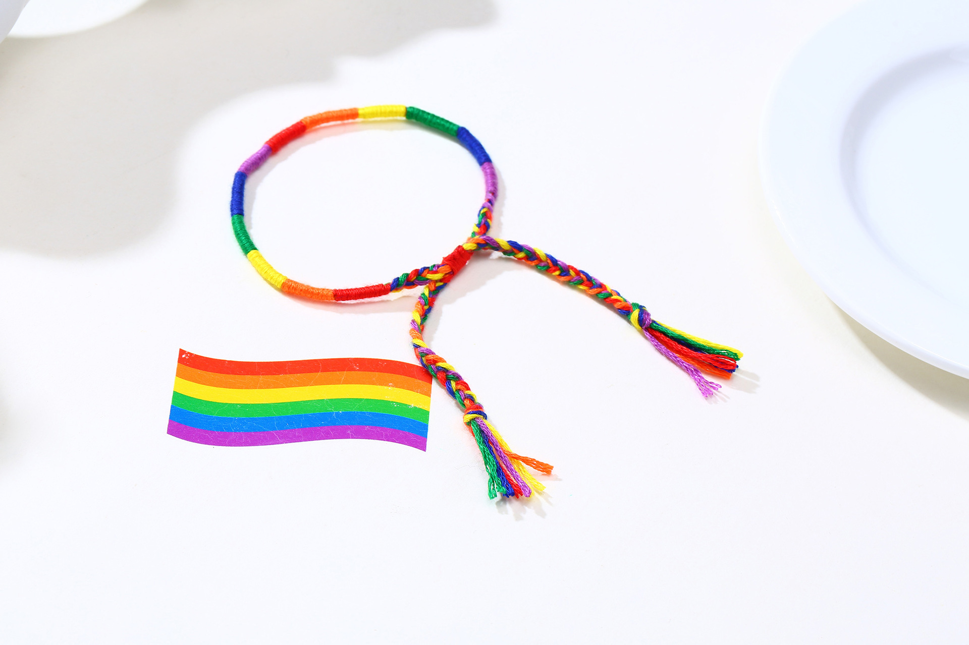 彩虹编织手绳 七彩色 打结手链尼泊尔友谊同性恋彩色绳编织可调节