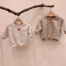 20秋韩国童装男童女童卫衣婴幼儿条纹棉质上衣卡通熊圆领长袖T恤