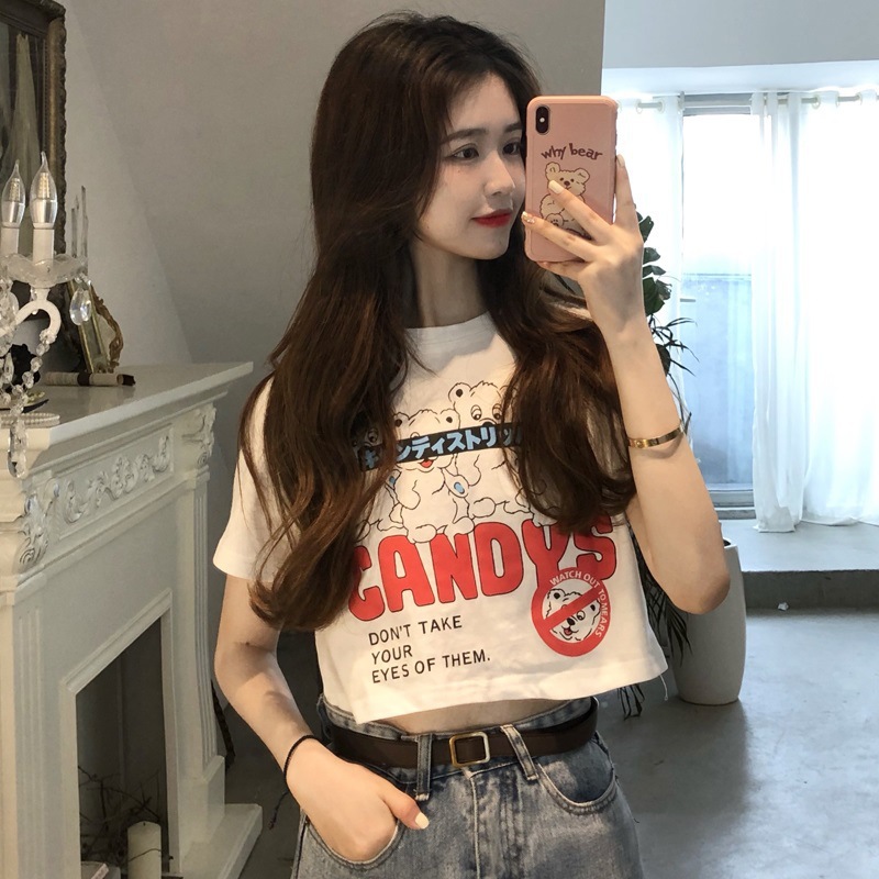 Short-Sleeved T-shirt Women's Short Slim-Fit Short Top Chic Elegant Scheming High Waist Navel-Exposed 2023 New Stall Women's Clothing