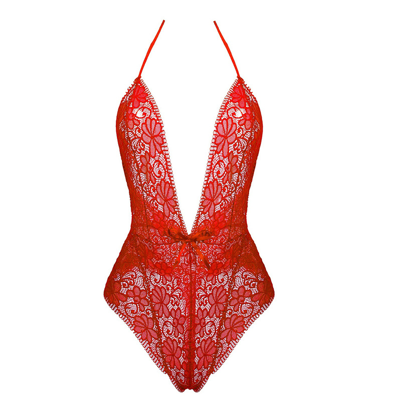 情趣内衣欧美连体衣深v蕾丝蝴蝶结性感大码情趣睡衣女士透明诱惑