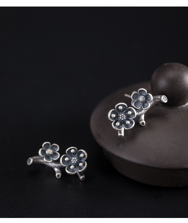 素十八s925银复古梅花耳环2020年新款耳钉女民族风网红同款耳饰