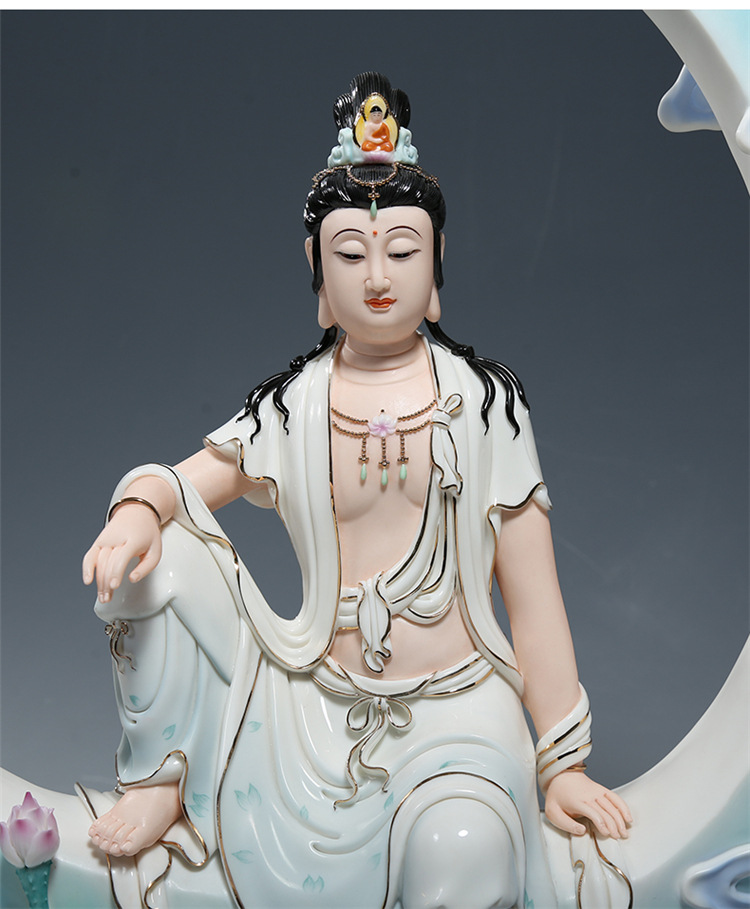 【上美】陶瓷收藏品19吋水月观音彩绘佛像工艺摆设艺术品禅意摆件