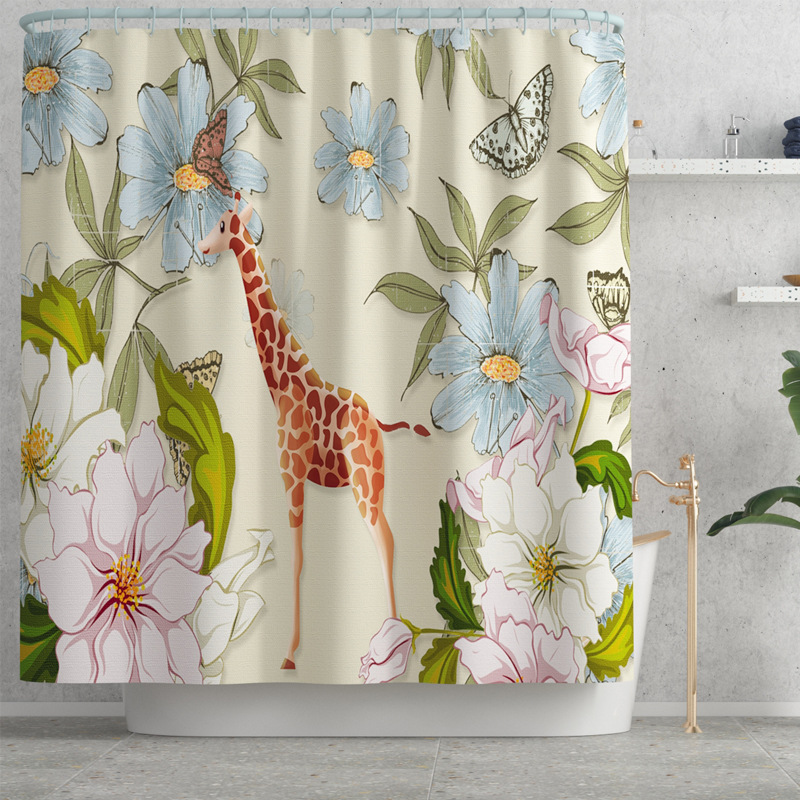 Foreign Trade New Cartoon Giraffe Printing Shower Curtain Toilet Floor Mat Four-Piece Bathroom Carpet Set Cross-Border Hot Sale