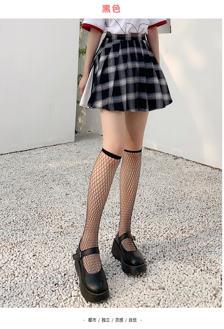 春夏新品网红同款渔网袜黑色短袜中筒袜大小网眼渔网袜白色小腿袜