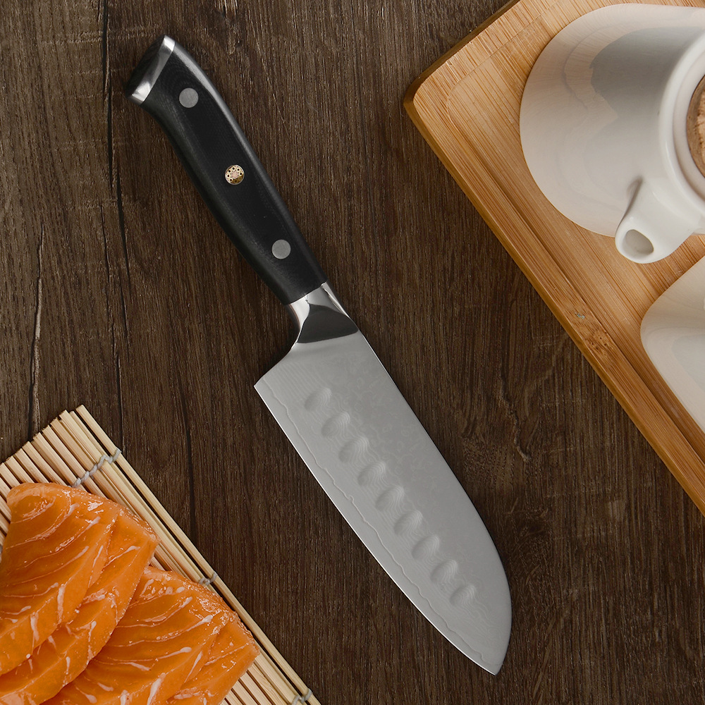 5寸日式厨刀 大马士革黑色g10带花钉柄 祥云纹刀刃带凹点厨房刀具