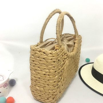 欧美流行手工编织草编包方形纸绳编织包大圆环手提包女士手提包