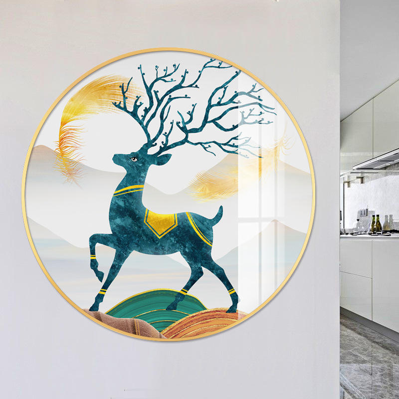 进门大圆形抽象鹿玄关装饰画背景墙客厅晶瓷水晶壁画挂画走廊过道