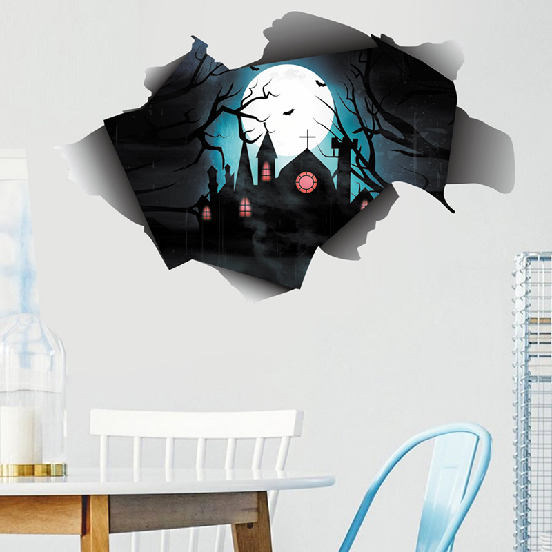 梵汐墙贴 万圣节主题系列 3d破洞城堡万圣节庆装饰墙贴纸 fx64141
