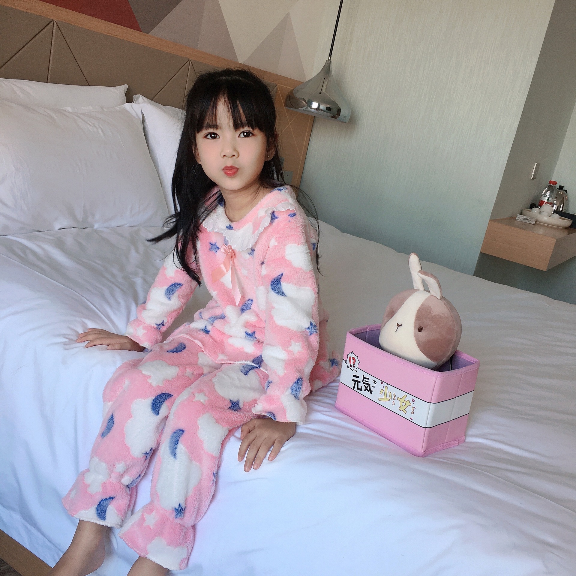 冬季韩版儿童睡衣女重加厚法兰绒甜美公主风娃娃领家居服两件套装