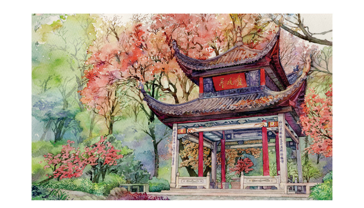 书境文创手绘长沙风景明信片旅游文创特色纪念品橘子洲 爱晚亭