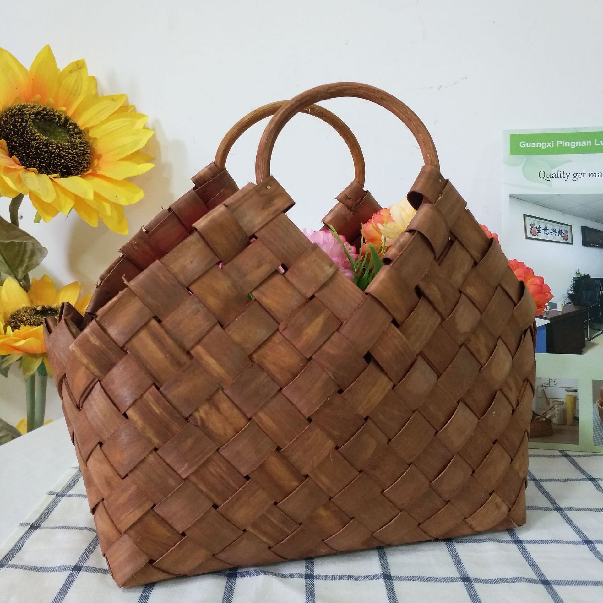 田园风木片编织手提包复古手提篮藤编花篮收纳篮-阿里巴巴