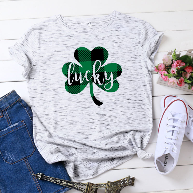 亚马逊女装圣帕特里克节衬衣 外贸欧美格纹lucky图案休闲短袖t恤