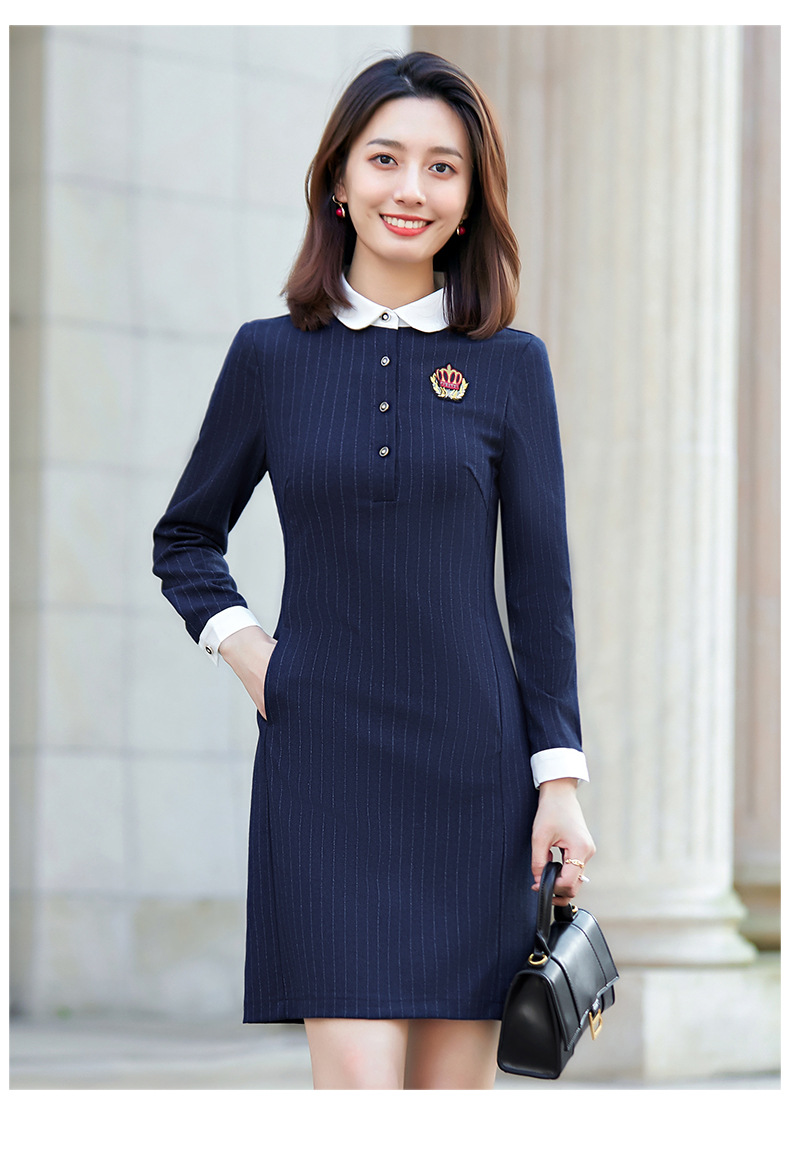 职业条纹连衣裙女秋2020新款时尚气质娃娃领教师工装幼儿园工作服