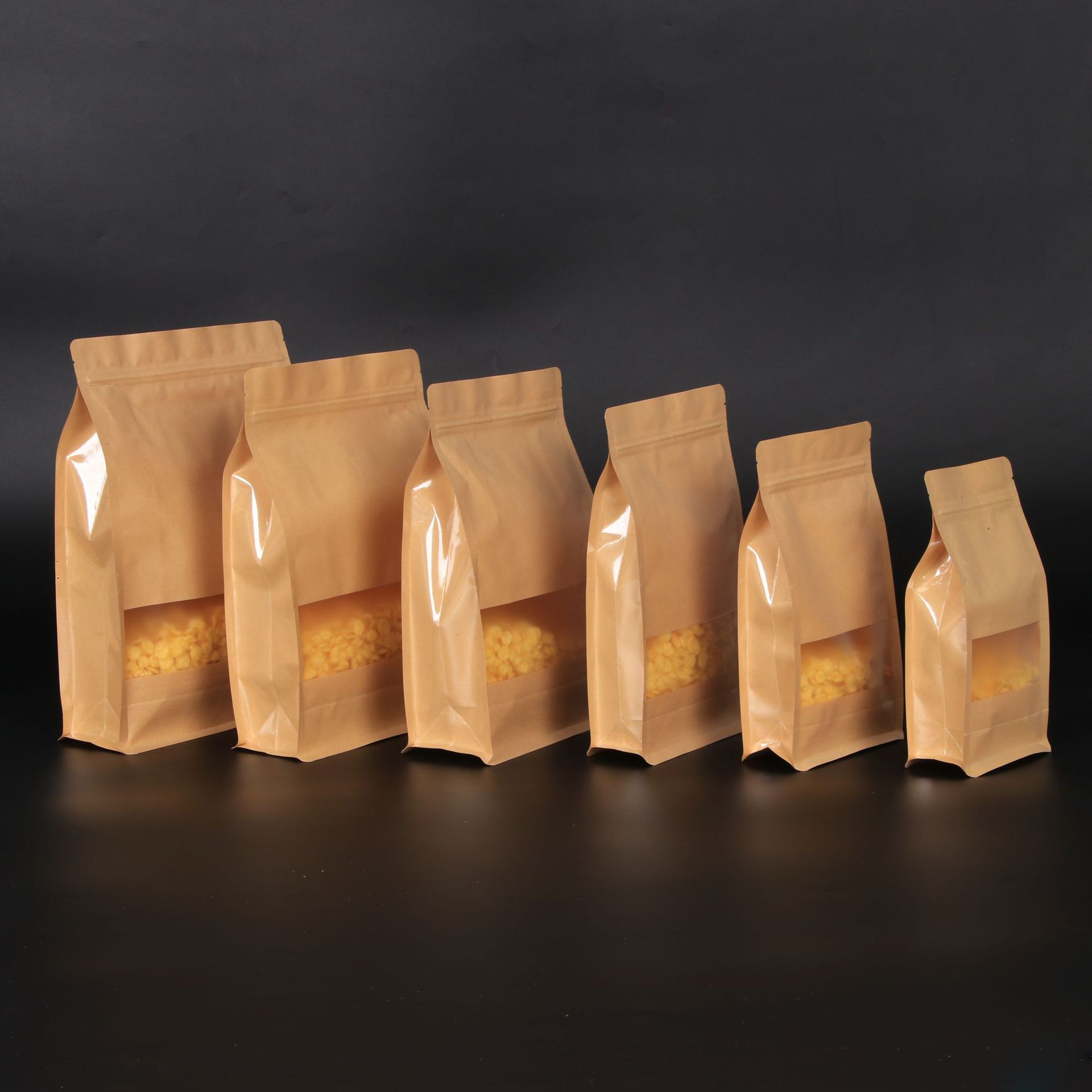 八边封黄牛皮自立袋茶叶食品磨砂开窗牛皮纸袋立体自封包装袋定制
