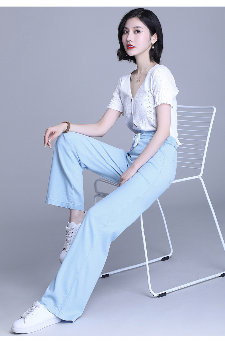 天丝牛仔裤女2020新款夏季薄款高腰阔腿裤宽松显瘦冰丝系带长裤子