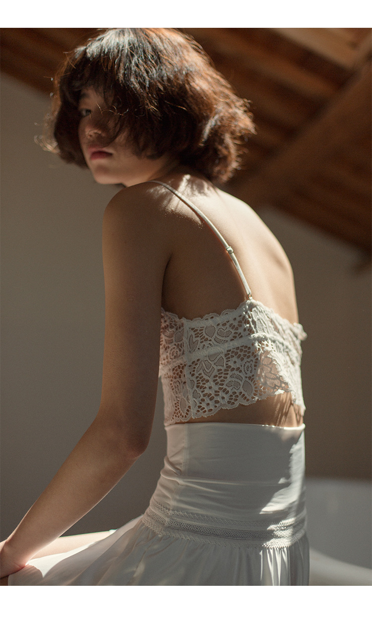 法式外贸无钢圈吊带裹胸内衣少女超薄bralette蕾丝美背三角杯文胸