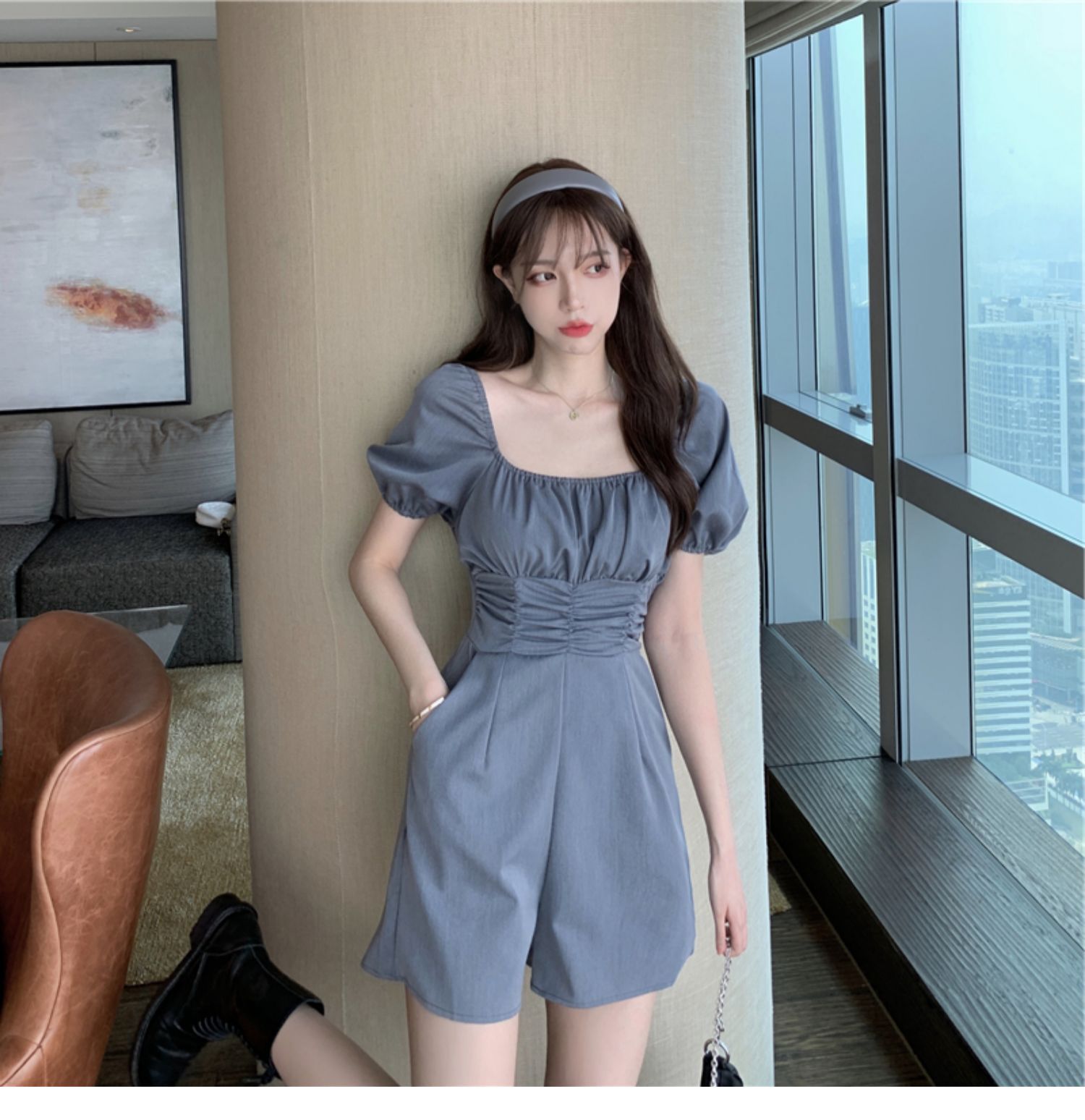 法式雪纺连体裤套装女2022夏季红时尚气质方领小个子裤
