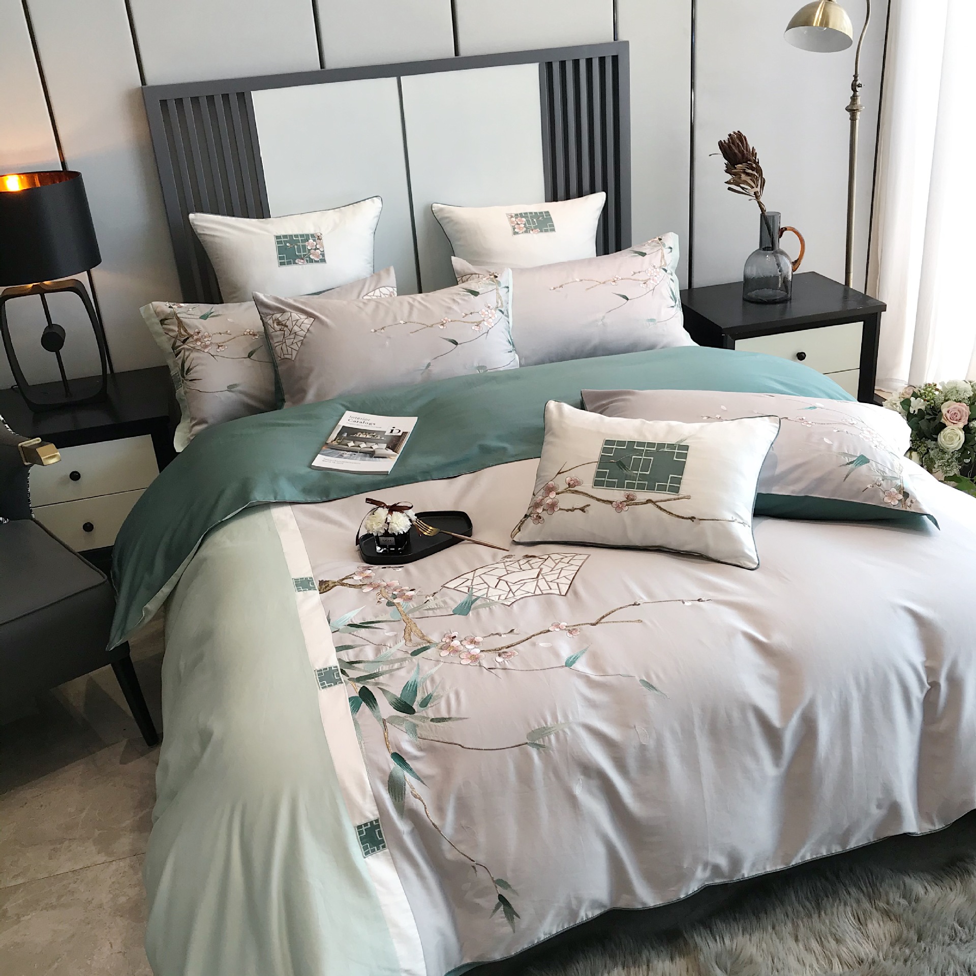 新中式100支澳棉古典刺绣四件套撞色拼接被套全棉双人床上用品1.