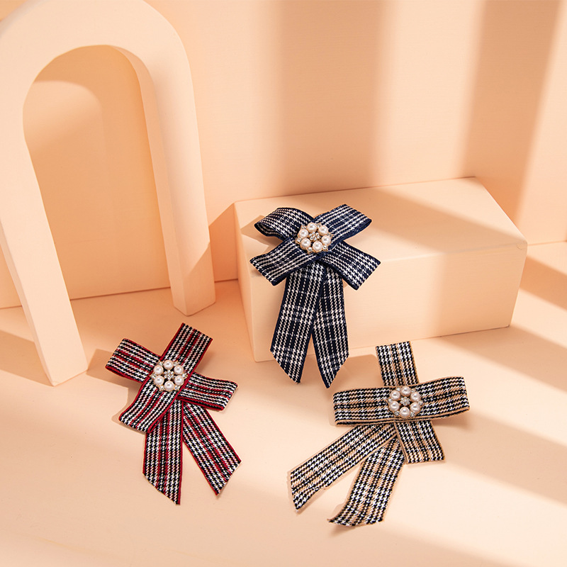 欧美流行复古英伦风蝴蝶结镶嵌珍珠布艺格子领针衣服配饰胸针