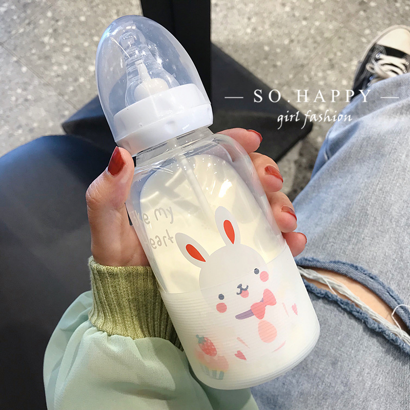 Cute Adult Baby Bottle Water Cup Strawberry Rabbit Straw Nipple Glass Cup Girl Heart Student Korean Tumbler Cute