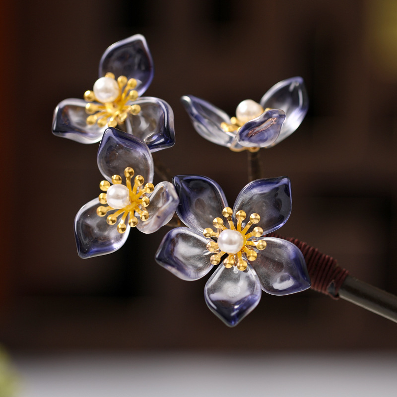 念灿水晶发簪汉服发饰 长手工饰品发饰复古黑色花朵古装盘发头饰