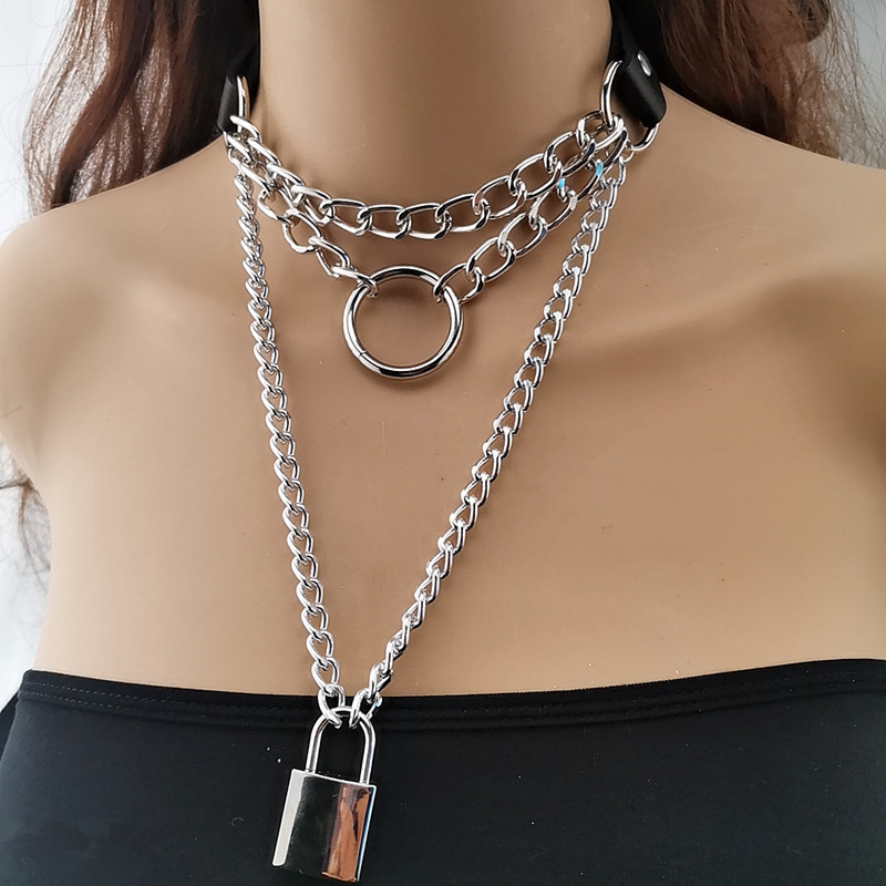 欧美跨境饰品 个性夸张金属项圈桃心项饰女 朋克多层链条锁形项链