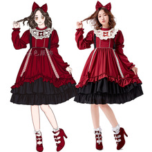万圣节磨坊姑娘连衣裙酒红色洛丽塔可拆袖日常两穿亲子萝莉蓬蓬裙