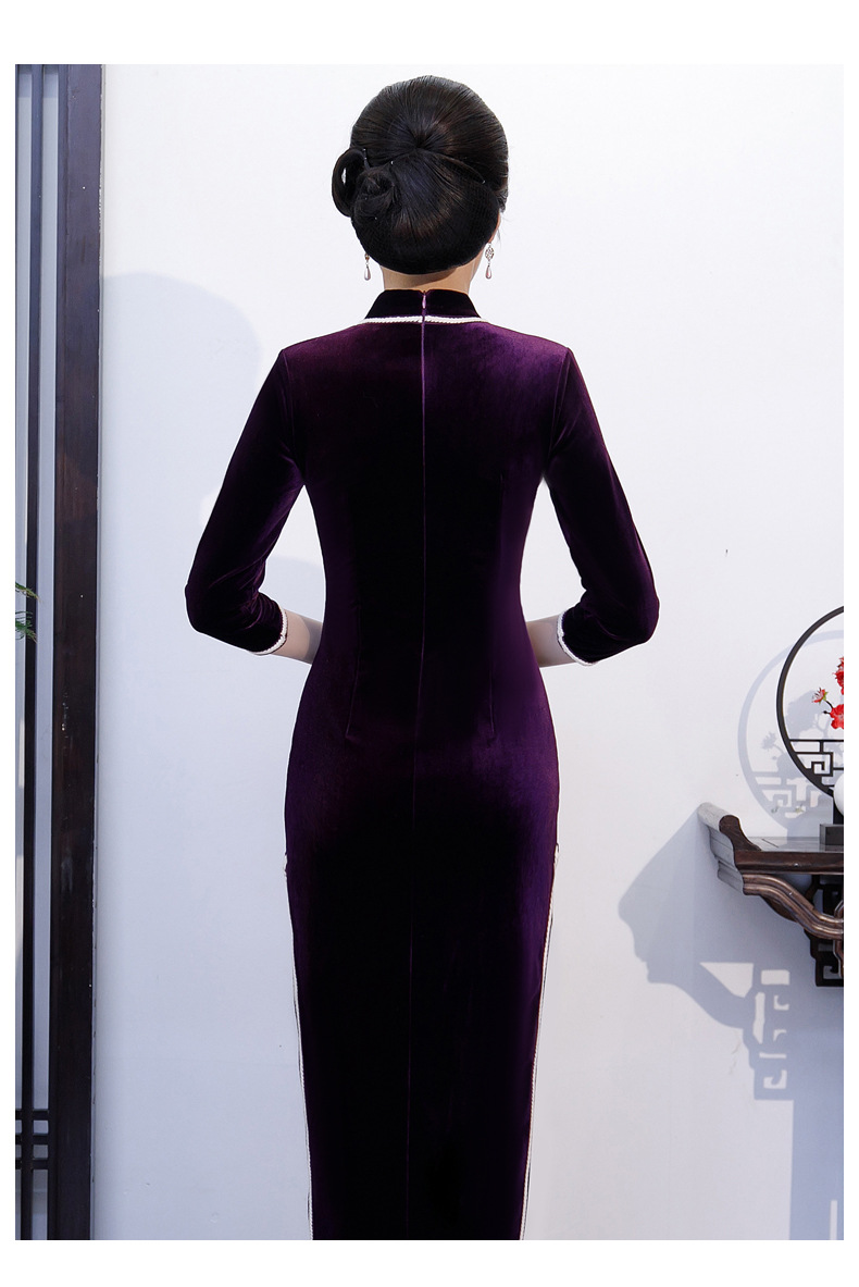 厂家供货2020秋新款丝绒纯色旗袍 复古日常演出长款旗袍一件代发