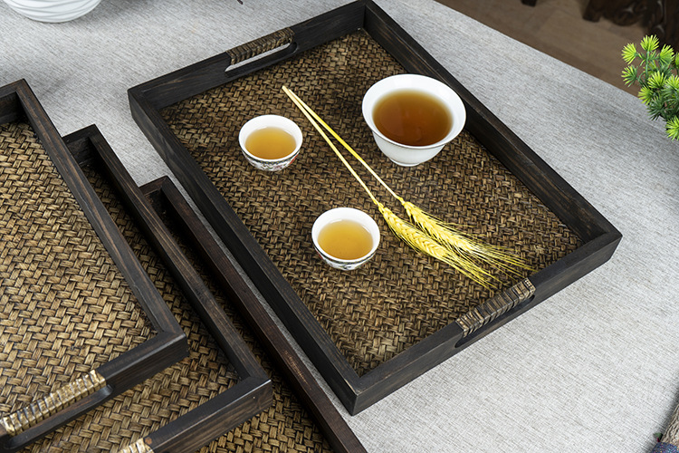 东南亚竹编木质托盘茶盘长方形泰国实木托盘spa精油托盘复古创意