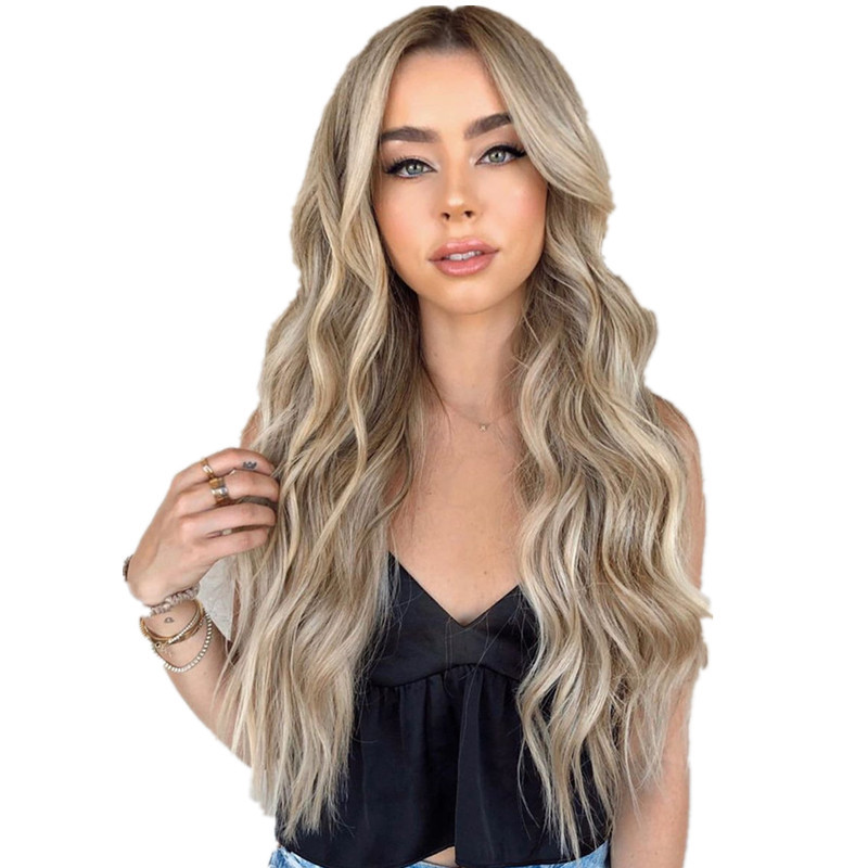 新款欧美外贸假发女化纤渐变金色长卷发化纤头套厂家新款现货批发