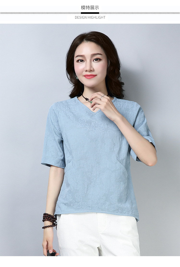 2020新款夏装短袖t恤女装纯棉宽松中年妈妈亚麻棉夏季棉麻上衣女