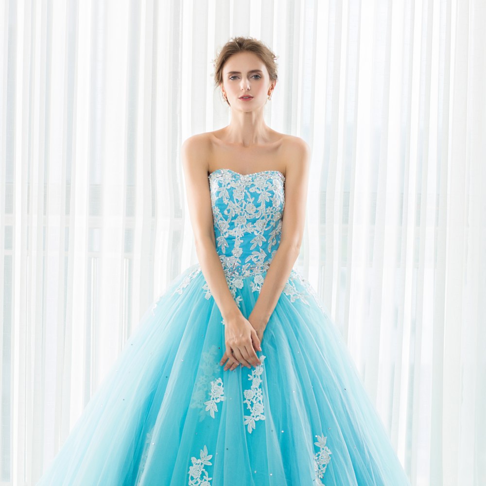 彩色拖尾婚纱礼服抹胸贴花缝珠蓬蓬舞裙宴会主持影楼演出晚礼服