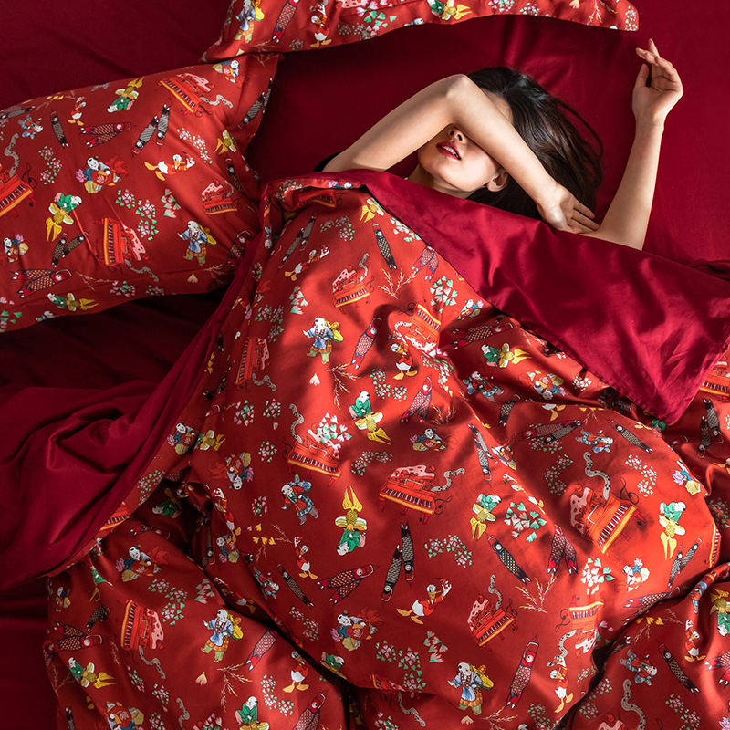 60支贡缎全棉家纺婚庆大红百子图四件套喜庆床品1.8m床单床笠款