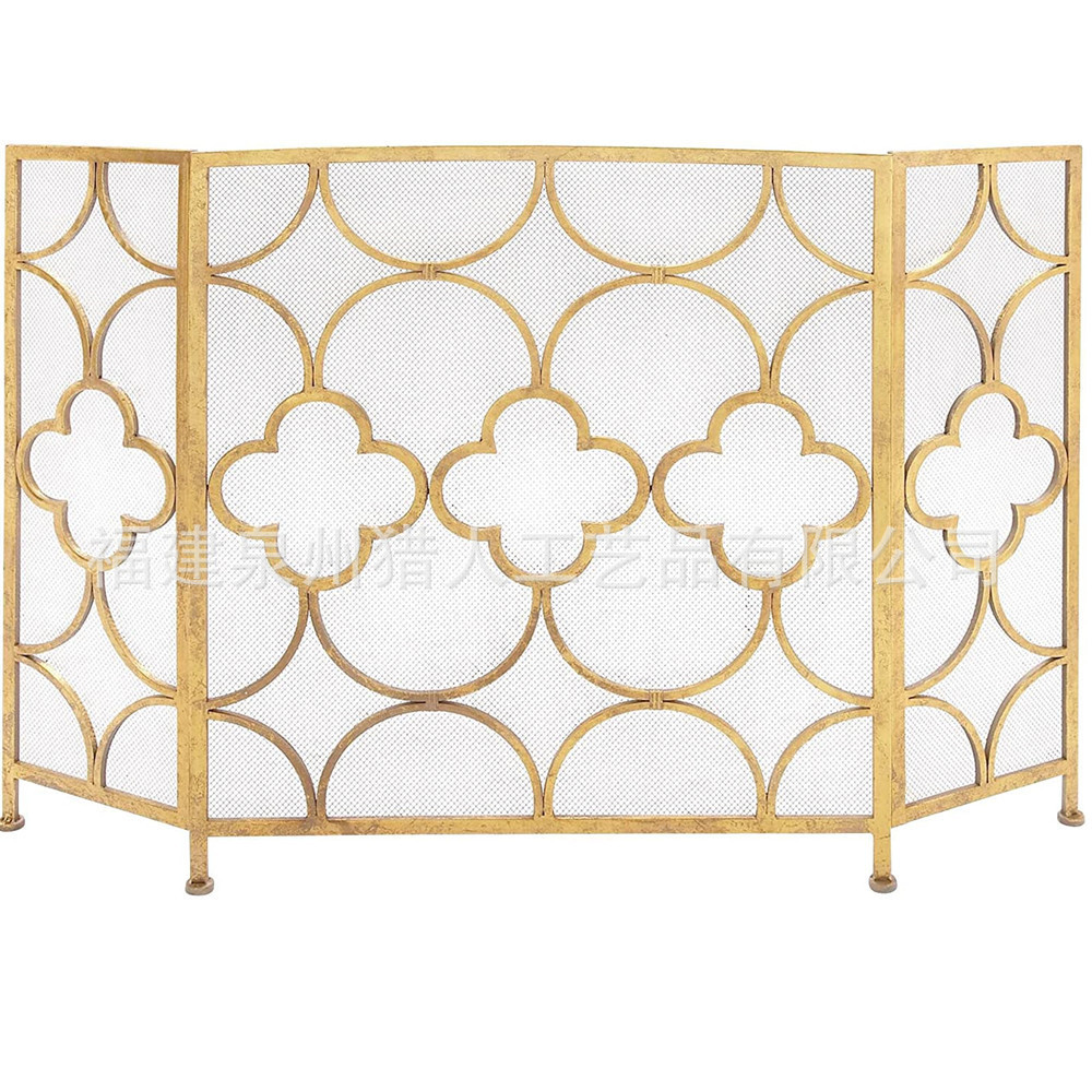 欧式复古做旧金色折叠屏风,室内客厅壁炉安全隔断屏风