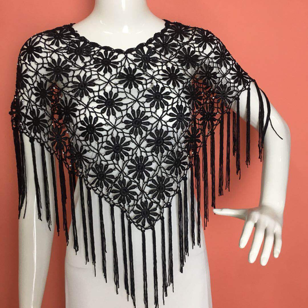 潮汕手钩花配电脑花礼服配饰流苏沙滩披肩斗篷三角巾冰丝线防晒衣