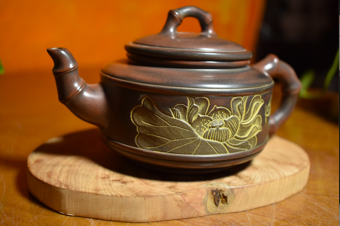 曾世军坭兴陶竹节壶荷花浮雕窑变现货批发定制代发