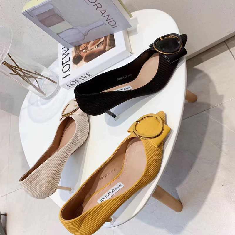 金洛熙现货女尖头人造pu甜美女式时装单鞋方扣鞋透气高跟女鞋