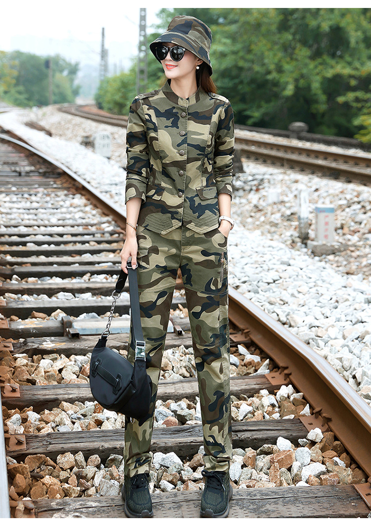迷彩服外套女装2020春秋新款户外短款夹克套装开衫米彩服女两件套