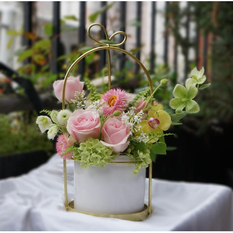 铁艺支架陶瓷花盆 北欧风小盆栽 鲜花花器 镀金装饰花艺课插花