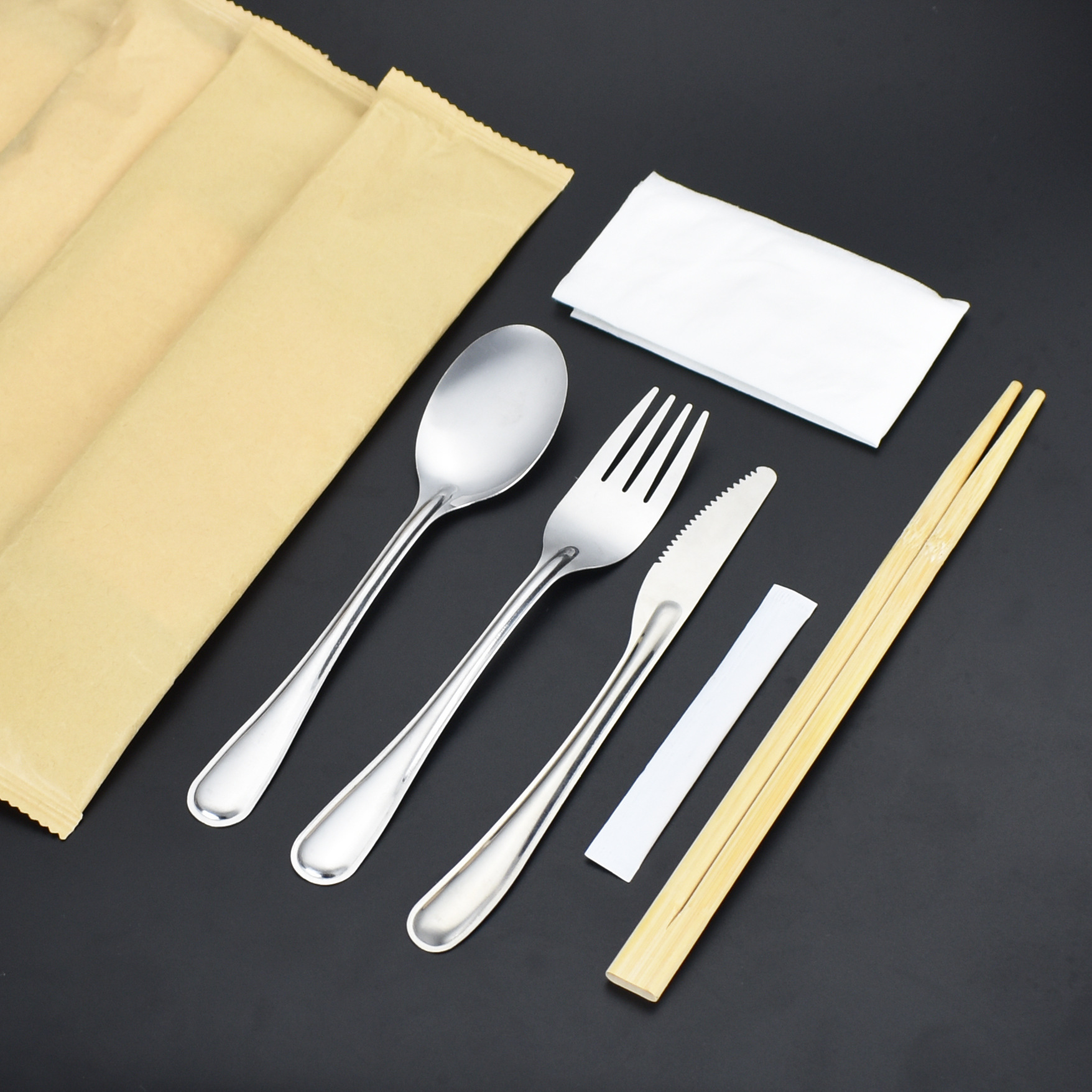 可降解一次性外卖餐具四件套食堂打包不锈钢筷子勺子纸巾套装定制